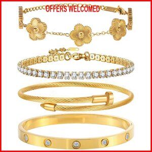18K Gold Plated Tennis Bracelet Set Stackable Adjustable 4 Piece Gift